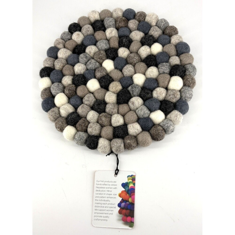 Handmade wool Felt Ball neutral/gray/black round mat, coaster, hot pad - 9"